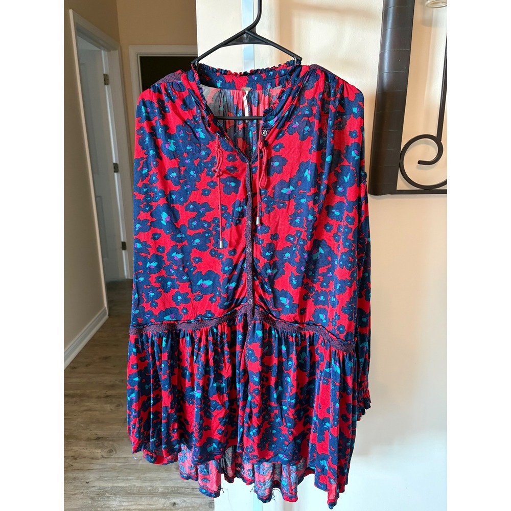 Free People Red Floral Ruffle Neck Tunic Top Long Sleeve Snap Front Boho